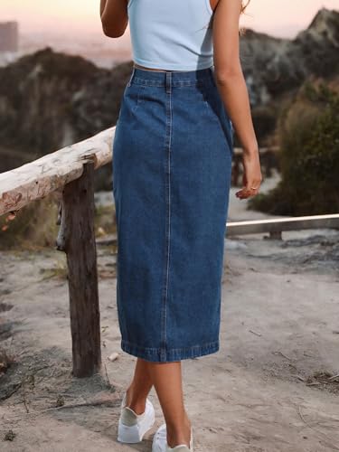 Women's Casual Slit Denim Midi Jean Skirt Stretch High Waisted Button Up Frayed with Pockets