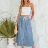 Denim Skirts for Women Trendy A Line Long Maxi Pull On Elastic Waist Drawstring Stretchy Jean Skirt with Pockets