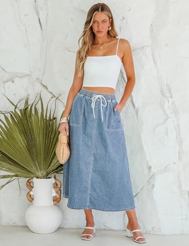 Denim Skirts for Women Trendy A Line Long Maxi Pull On Elastic Waist Drawstring Stretchy Jean Skirt with Pockets