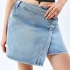 Womens Jean Skirts Casual Wrap Button Asymmetrical Hem Summer Denim Mini Skirt