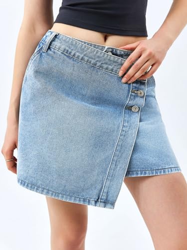 Womens Jean Skirts Casual Wrap Button Asymmetrical Hem Summer Denim Mini Skirt