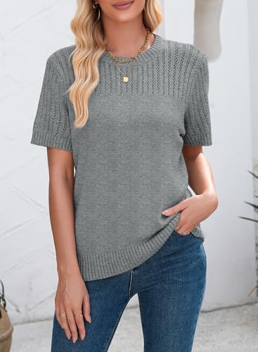419rwJUFtuL.jpg Womens Summer Tops Dressy Casual Crewneck Short Sleeve Shirts Solid Hollow Out Knit Loose Sweater Blouses