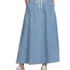 Denim Skirts for Women Trendy A Line Long Maxi Pull On Elastic Waist Drawstring Stretchy Jean Skirt with Pockets