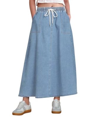 Denim Skirts for Women Trendy A Line Long Maxi Pull On Elastic Waist Drawstring Stretchy Jean Skirt with Pockets