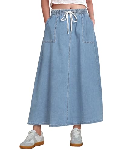 Denim Skirts for Women Trendy A Line Long Maxi Pull On Elastic Waist Drawstring Stretchy Jean Skirt with Pockets