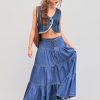 Women??s Long Jean Denim Tiered Button Down High Waisted Maxi Skirts