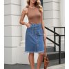 Jean Skirts for Women Button Down Distressed Raw Hem Casual Summer Stretchy Knee Length Denim Skirt with Pockets