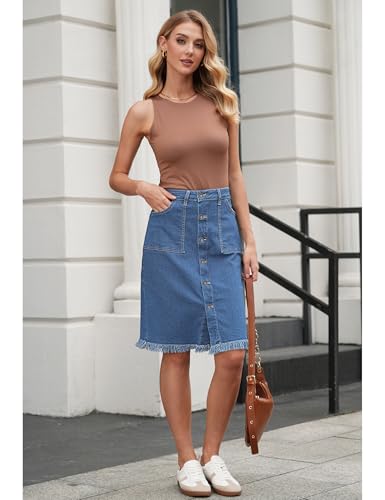 Jean Skirts for Women Button Down Distressed Raw Hem Casual Summer Stretchy Knee Length Denim Skirt with Pockets