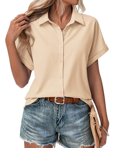 Short Sleeve Summer Tops for Women Casual Button Down Shirts Solid/Striped Business Work Blouses