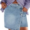 Womens Jean Skirts Casual Wrap Button Asymmetrical Hem Summer Denim Mini Skirt