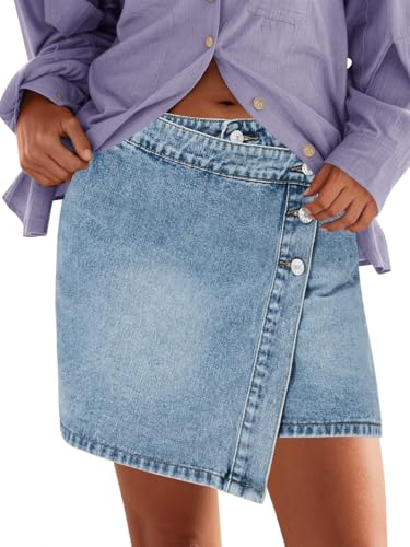 Womens Jean Skirts Casual Wrap Button Asymmetrical Hem Summer Denim Mini Skirt
