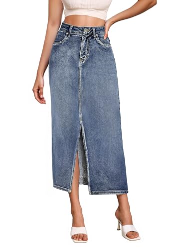 Women's Long Denim Skirt ?C Stretch Jean Skirt for Office and Casual Wear