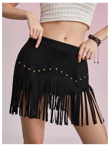 Women's Suede Fringe Sexy Cowgirl Skirts Country Concert Outfit Western High Waisted Skirt