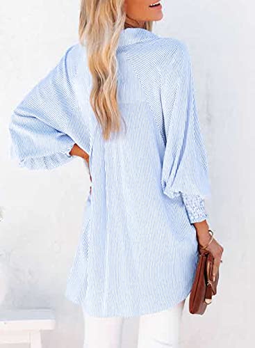 41E0HnDAQmL.jpg Womens Smocked Cuffed Striped Boyfriend Shirt Casual Collar Long Sleeve Oversized Button Down Blouse Tops with Pocket Shirred