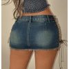 Women's Lace Up Side Bodycon Denim Mini Skirt Y2k Low Rise Frayed Hem Jean Skirts
