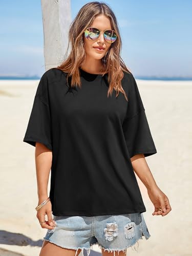 Womens Oversized Tshirts Summer Casual Short Sleeve Crew Neck T Shirt Loose Fit Side Slit Tee Tops