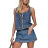 Women??s Tie Front Denim Jean Vest Top and Mini Skirt 2-Piece Set Summer Trendy Going Out Outfits Clothes 2025