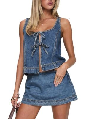 Women??s Tie Front Denim Jean Vest Top and Mini Skirt 2-Piece Set Summer Trendy Going Out Outfits Clothes 2025