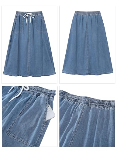41FbQ00taL.jpg Denim Skirts for Women Trendy A Line Long Maxi Pull On Elastic Waist Drawstring Stretchy Jean Skirt with Pockets