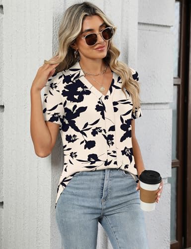 Womens Polo Shirts Dressy V Neck Business Casual Tops Lapel Collar Short Sleeve Summer Shirts Loose Fit Work Blouses