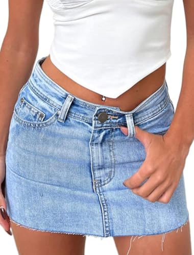 Women's Stretch Washed Vintage Jean Skirt Fringed Slim Fit Denim Mini Skirt
