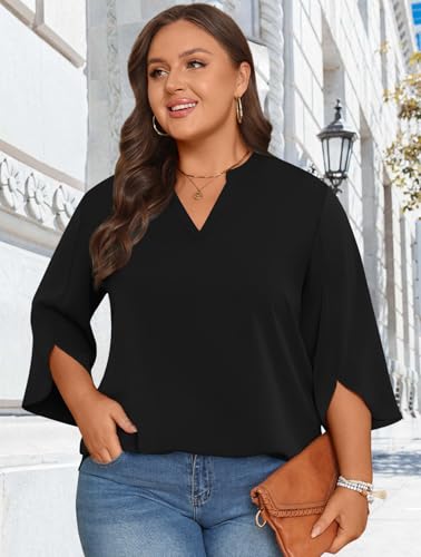 Women Blouses Dressy Casual 3/4 Sleeve Tops Business Work Chiffon Office V Neck Shirts M-3XL