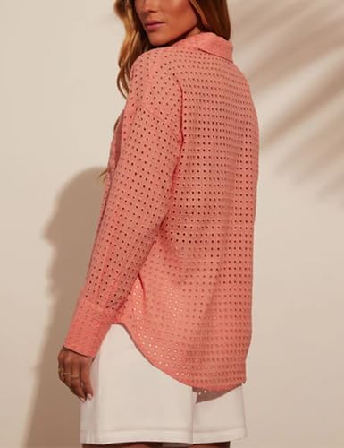 41GQc0WivzL.jpg Women's Casual Button Down Shirts Dressy Hollow Out Long Sleeve Blouses Tops with Pockets