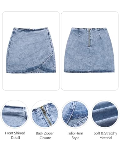 41GT3WEZyeL.jpg Women's Tulip Hem Shirred Washed Casual Bodycon Short Jean Denim Skirt