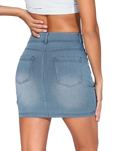41HGewvUHiL.jpg Women's High Waisted Mini Denim Skirts with Pockets Stretch Skinny Jean Bodycon Skirts