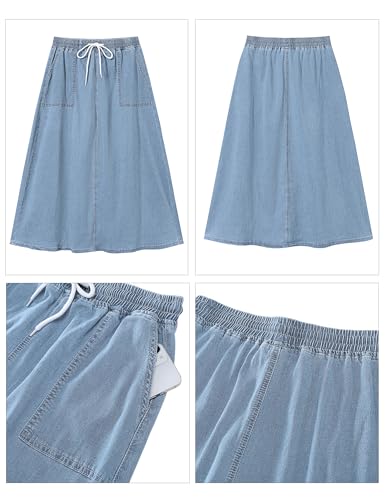 Denim Skirts for Women Trendy A Line Long Maxi Pull On Elastic Waist Drawstring Stretchy Jean Skirt with Pockets
