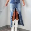 Womens' High Waist Midi Stylish Raw Hem Split Asymmetrical Wash Denim Skirt