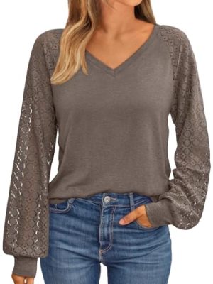 Womens Long Sleeve Shirts V-Neck Lace Tops Business Casual Blouses Tee Trendy 2025 Fall Fashion Outfits Clothes