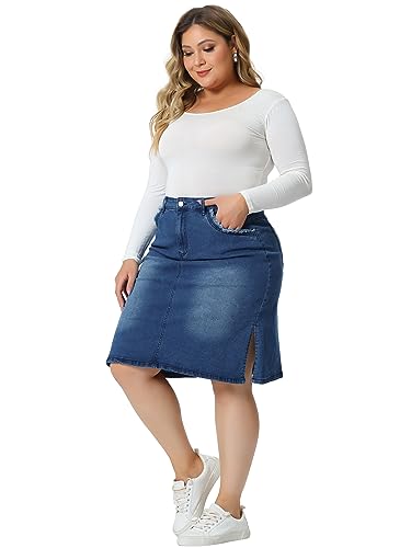 Plus Size Denim Skirts for Women Classic Stretch Elastic Waist Side Split A Line Jean Skirt