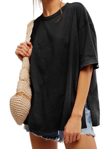 Womens Oversized Tshirts Summer Casual Short Sleeve Crew Neck T Shirt Loose Fit Side Slit Tee Tops