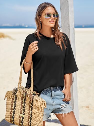 Womens Oversized Tshirts Summer Casual Short Sleeve Crew Neck T Shirt Loose Fit Side Slit Tee Tops