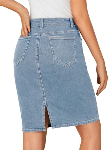 41JPaCXVLuL.jpg Women's Casual Stretch High Waist Back Slit Denim Jean Knee Length Skirt