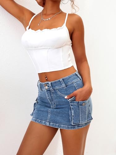 41JYnm4CO-L.jpg High Stretchy Cargo Skirt for Women, Low Waist Y2k Mini Skirt Cute Denim Skirt with Pockets