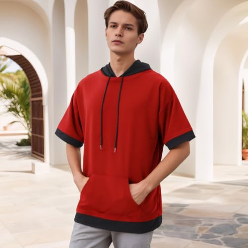 41Jn7kvF7XL.jpg Mens Short Sleeve Hoodie Soft Cotton Color Block Moisture Wicking Big Pocket Streetwear Short Sleeve Sweatshirt