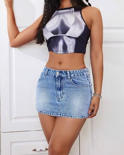 41KKdFthA9L.jpg Women's Low Rise Stretchy Denim Skirts Sexy Comfy Mini Jean Skirt for Summer Casual Streetwear