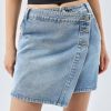 Womens Jean Skirts Casual Wrap Button Asymmetrical Hem Summer Denim Mini Skirt