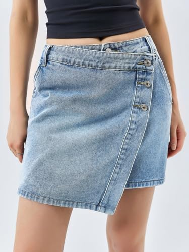 Womens Jean Skirts Casual Wrap Button Asymmetrical Hem Summer Denim Mini Skirt