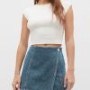 Womens Denim Skorts High Waisted Casual Summer Asymmetrical Hem Stretchy Criss Cross Jean Skirt Shorts