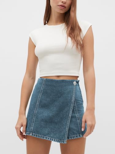 41L3dTHlhuL.jpg Womens Denim Skorts High Waisted Casual Summer Asymmetrical Hem Stretchy Criss Cross Jean Skirt Shorts