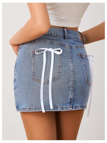 41LHI9hHzL.jpg Women's Denim Skirt High Waist Bow Pocket Bodycon Y2K Mini Jean Skirts