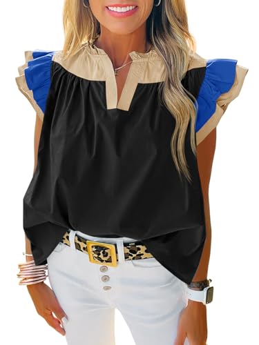 Womens Ruffle Color Block Tank Tops Summer Casual Dressy V Neck Pleated Blouse Loose Fit Sleeveless Shirts