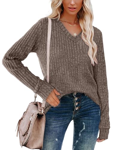 V Neck Long Sleeve Shirts for Women Casual Fall Tops Lightweight Tunic Sweaters Fashion Clothes 2025