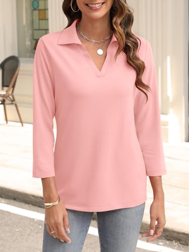 Womens V Neck Polo Shirts 3/4 Sleeve Collared Tops Business Casual Summer Tops Trendy Loose