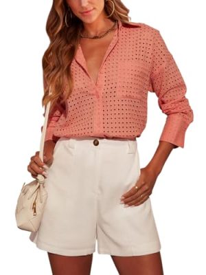 Women's Casual Button Down Shirts Dressy Hollow Out Long Sleeve Blouses Tops with Pockets
