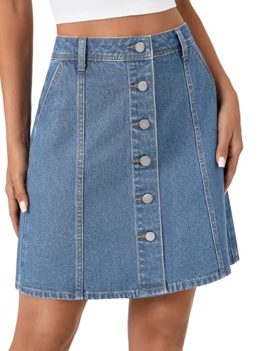 Women's Button Down High Waisted A Line Jean Mini Denim Skirt with Pockets