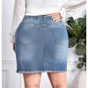 Women's Plus Size Denim Skirt High Waisted Elastic Drawstring Waist Raw Hem Ripped Vintage Short Jean Skirt